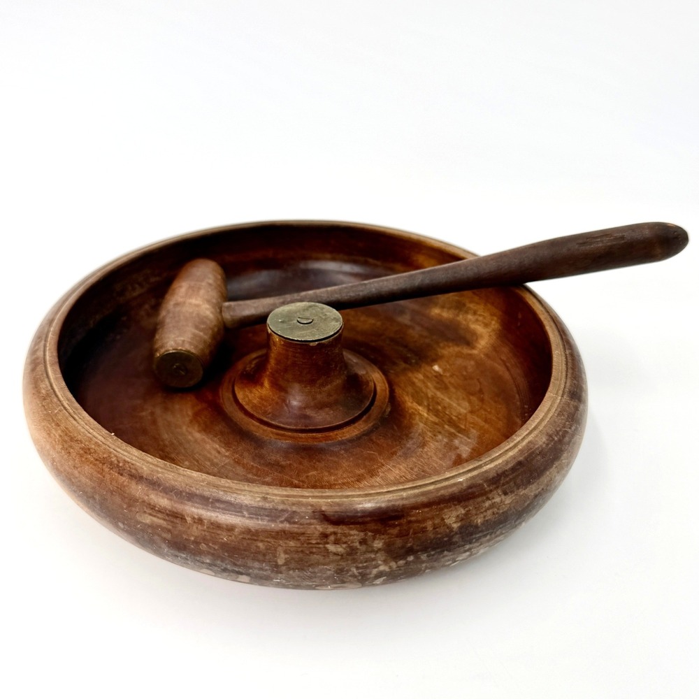 Vintage Mid Century Wood Nut Bowl with Mallet Brass Anvil Center 9 Inch Round